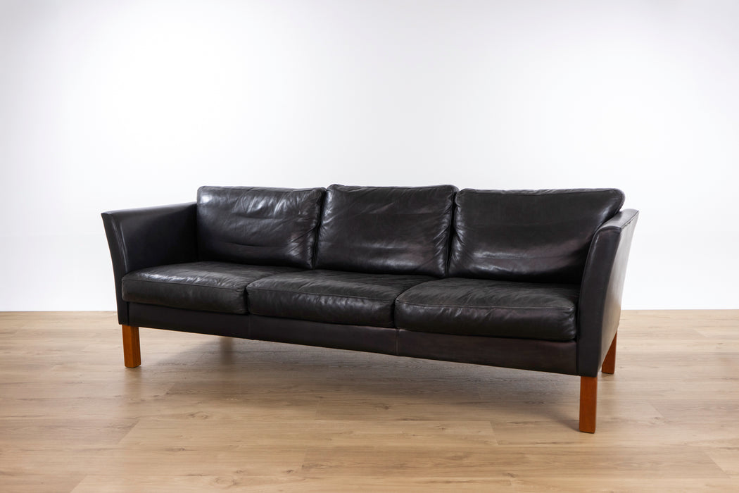 Danish Modern Black Leather Sofa - (327-146)