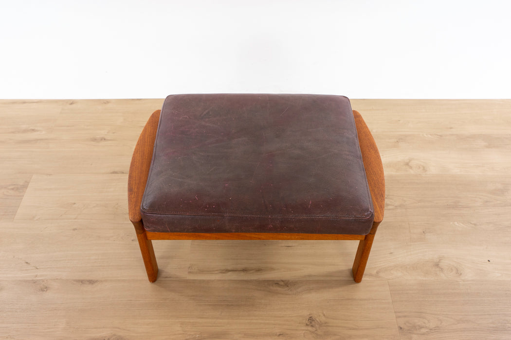 Mid-Century Modern Teak & Leather Footstool - (D1595)