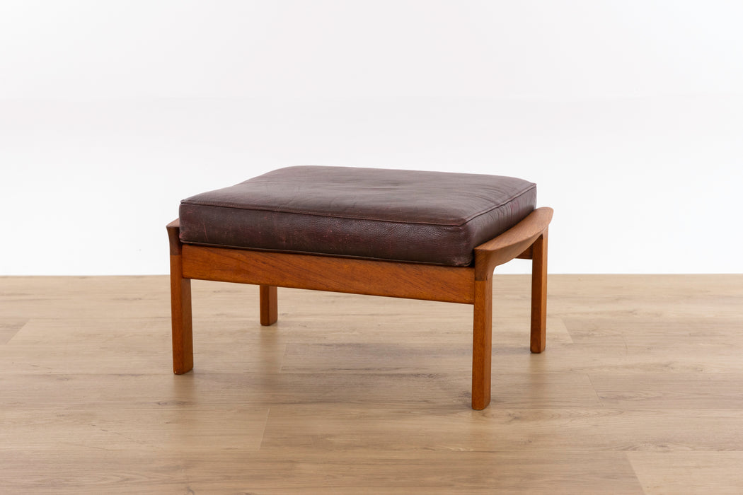Mid-Century Modern Teak & Leather Footstool - (D1595)