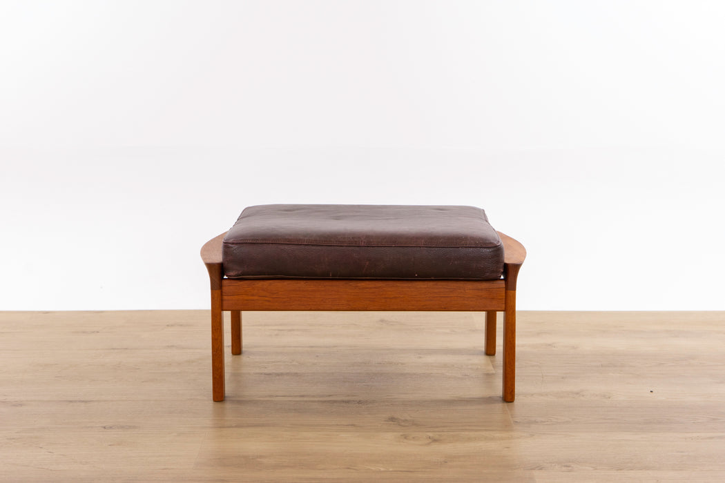 Mid-Century Modern Teak & Leather Footstool - (D1595)