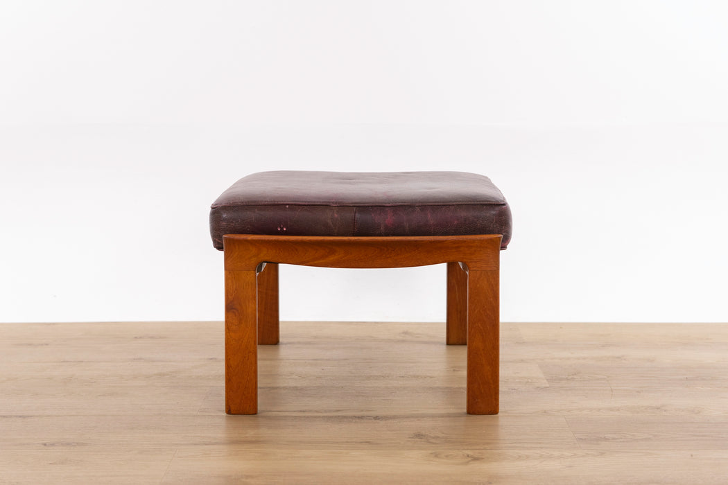 Mid-Century Modern Teak & Leather Footstool - (D1595)