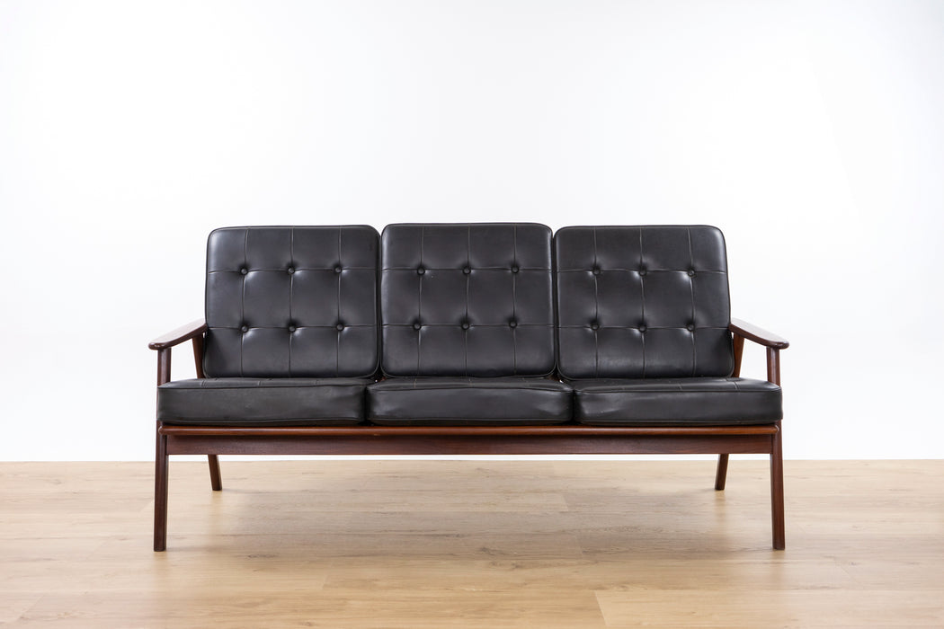 Danish Modern Teak and Black Vinyl Sofa- (326-057.5)