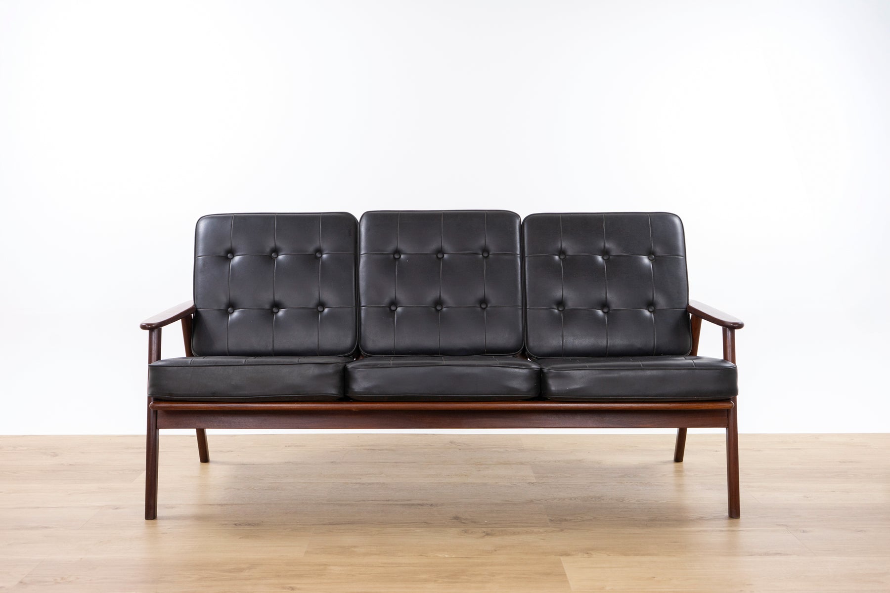 Danish Modern Teak and Black Vinyl Sofa- (326-057.5)