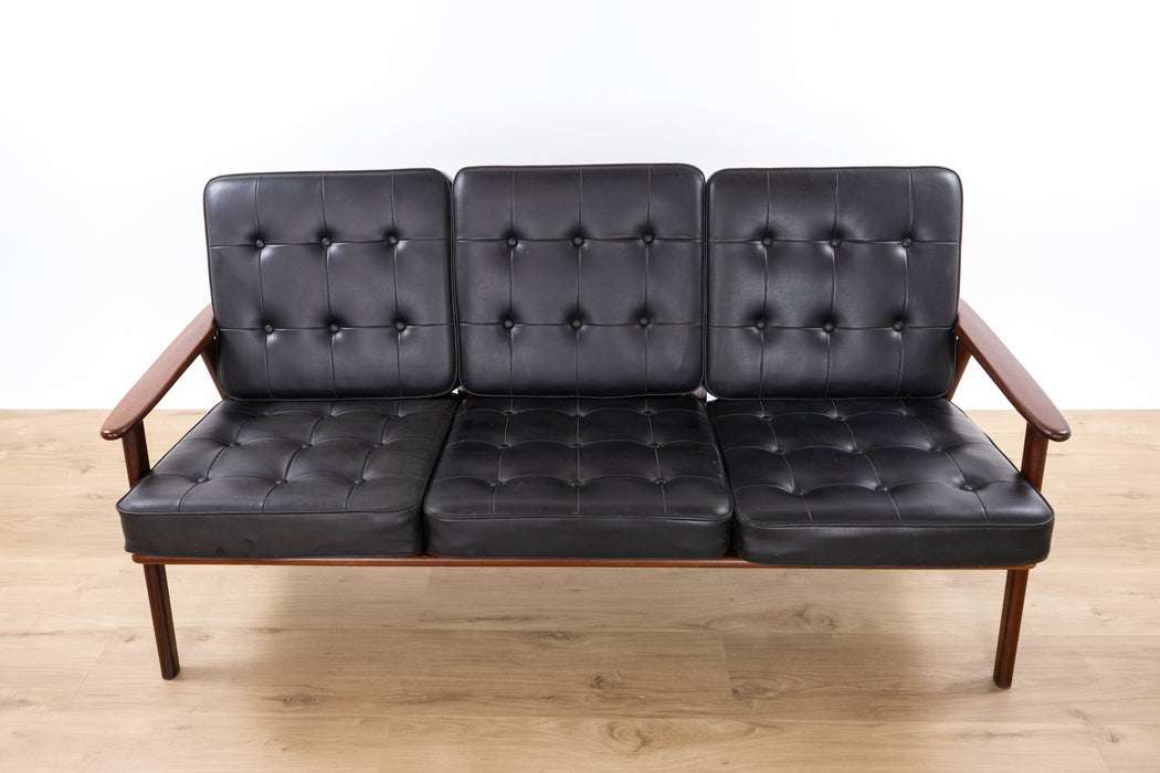 Danish Modern Teak and Black Vinyl Sofa- (326-057.5)