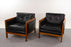 Oak & Vinyl Lounge Chair Pair - (D1291)